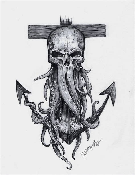 Davy Jones Skull And Anchor Print Tattoo Design Drawings Tattoo Art