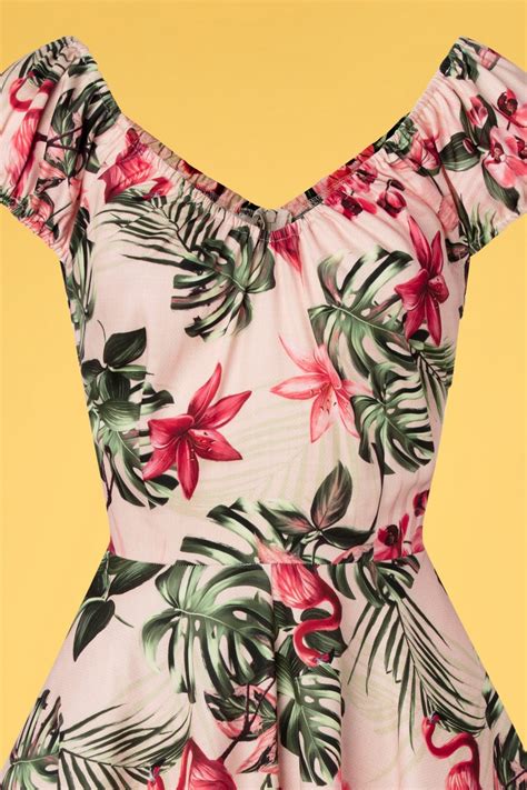 Vixen 50s Tropical Flamingo Off Shoulder Swing Dress In Light Pink