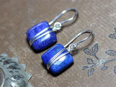 Lapis Earrings Silver Wire Wrapped Blue Gemstone Earrings Etsy