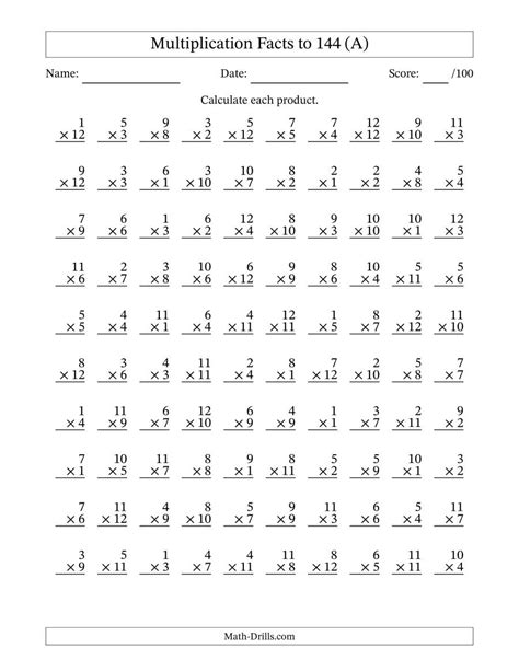 Listed from simplest to most difficult. Multiplication Facts to 144 No Zeros (A) Multiplication Worksheet