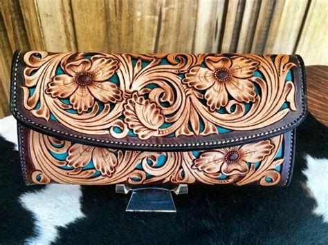 Leather Tooled Clutch Wallet With A Turquoise Inlay Leather Carving