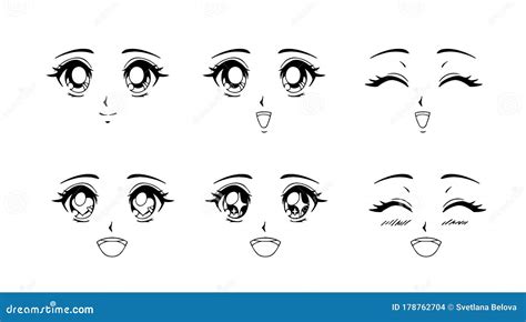 Set Of Happy Anime Faces Hand Drawn Vector Cartoon Illustration Stock