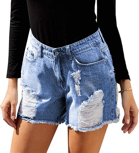 Women ´s Denim Ripped Holes Shorts Mid Waist Stretchy Straight Classic