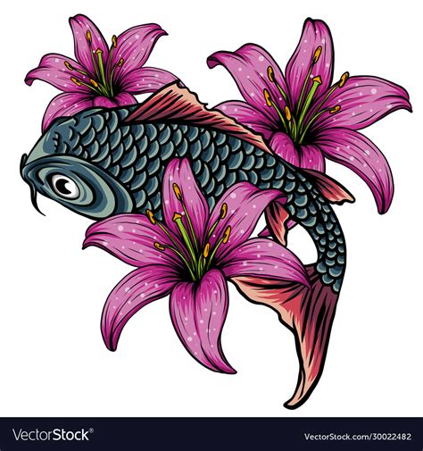 Hand Drawn Koi Fish With Flower Tattoo For Arm Vector Image