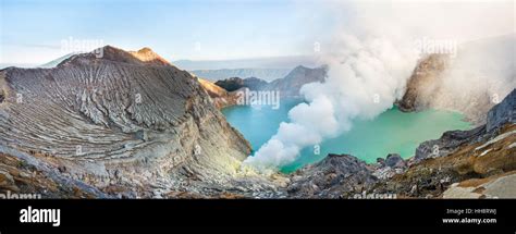 Volcano Kawah Ijen Volcanic Craters With Crater Lake And Steaming