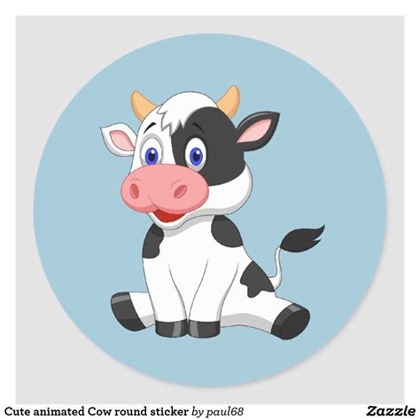 Cute Animated Cow Round Sticker In 2021 Animated Cow