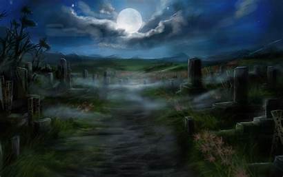 Moon Clouds Cemetery Night Digital Artwork Desktop
