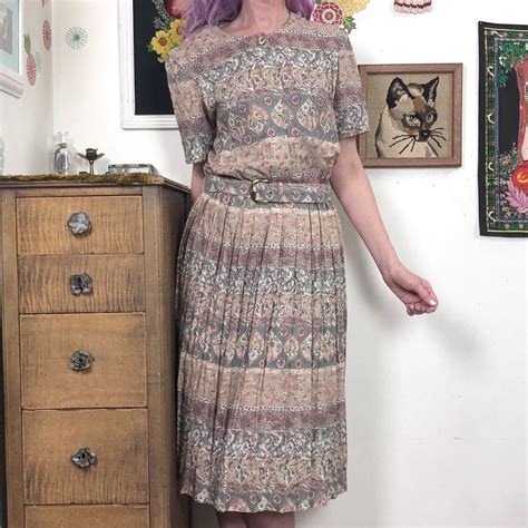 Vintage Secretary Dress 1980s Sage Green Printed And B Gem