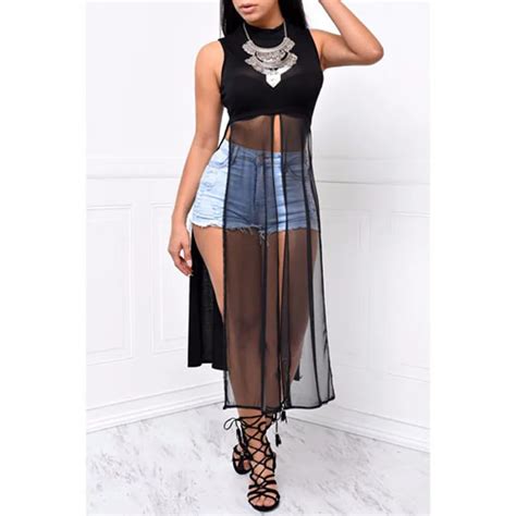 Women Long Dresses Round Neck Mesh Patchwork Open Side Sexy Dress Sleeveless Off Shoulder Solid