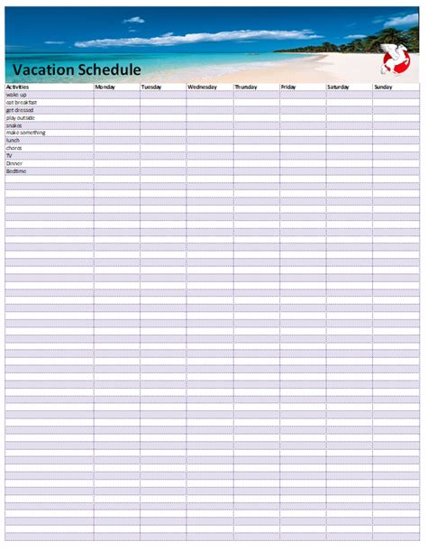 Weekly Vacation Schedule Template Buraq Printables