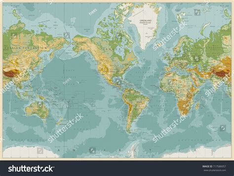 America Centered Physical World Map Vintage Royalty Free Stock