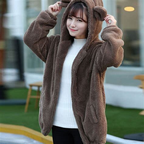 Women Casual Loose Fluffy Bear Ear Hoodie Hooded Jacket Warm Cute