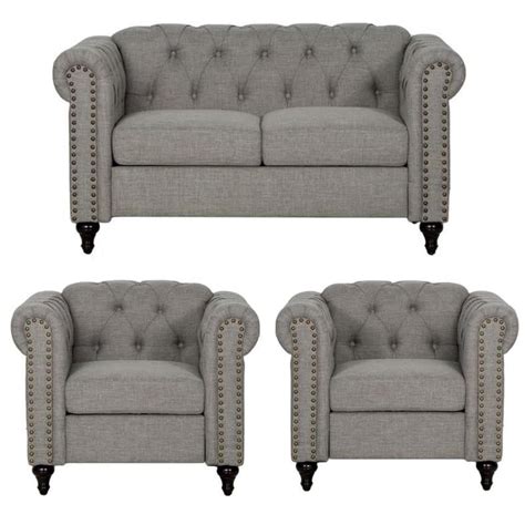 3 Piece Living Room Set With Tufted 59 Loveseat And 2 Armchairs In