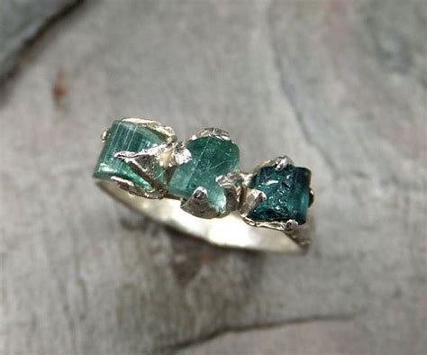 Mens Raw Rough 3 Stone Blue Green Tourmaline Gemstone Ring Recycled