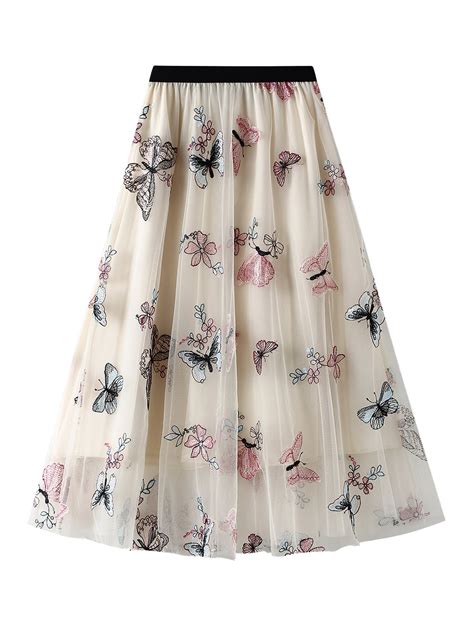 Listenwind Women鈥檚 Butterfly Embroidered Long Tulle Skirt High Waist