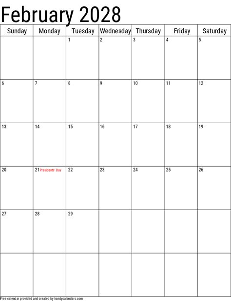 February 2028 Vertical Calendar With Holidays Handy Calendars