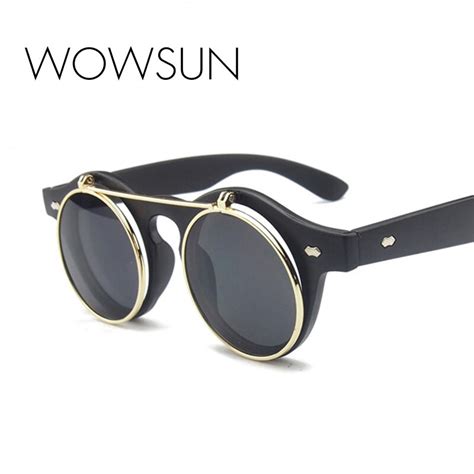 Wowsun Round Sunglasses Women Vintage Punk Steam Flip Sun Glasses Men