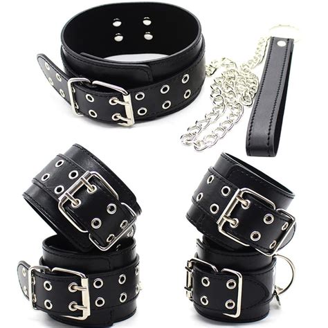 Leather Bondage Restraint 5 Pcs Set D Ring Collar Hand Cuffs Ankle Cuffs With Metal Chain