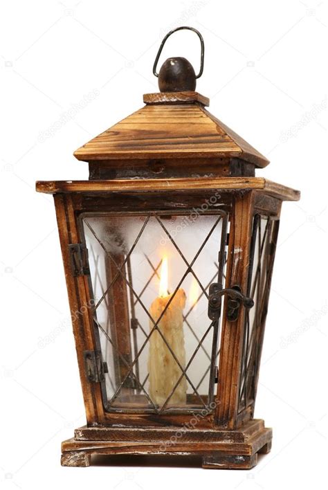 Burning Old Candle Vintage Wooden Candlestick Isolated On White