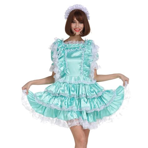 sissy girl maid shiny satin lockable dress costume uniform crossdressing cosplay costume on
