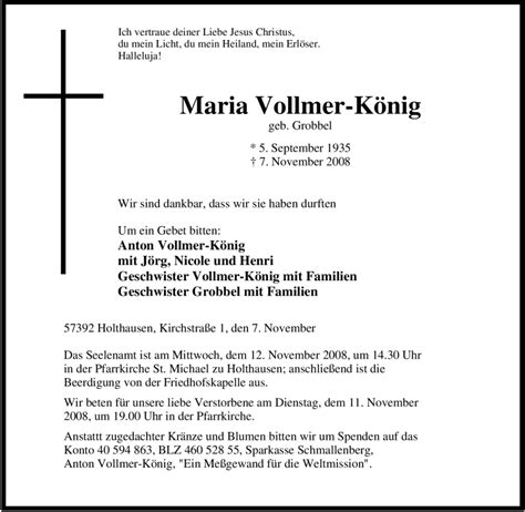 Traueranzeigen von Maria Vollmer König Trauer in NRW de