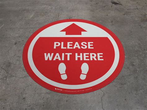 Please Wait Here Red Circle Floor Sign