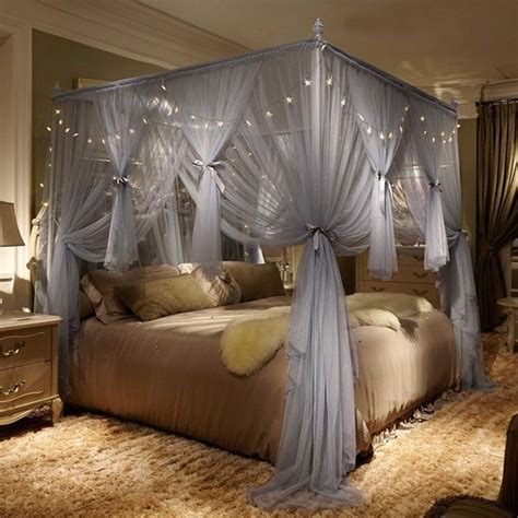 4 Corner Poster Princess Bed Curtain Canopy Mosquito Netting With Led Light Bed Makeover Room