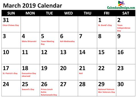 March 2019 Calendar Word