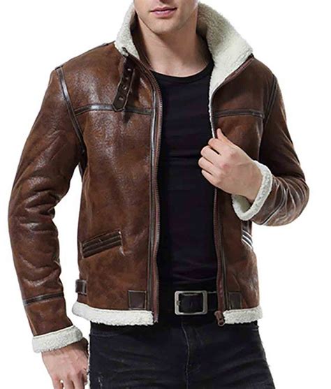 Mens Shearling Bomber Jacket Motorcycle Distressed Brown Leather