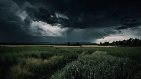 Dark Stormy Sky Over A Field With Green Grass Background Active Black