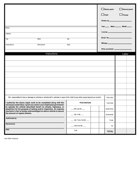 Free Printable Auto Repair Order Forms Printable Form Templates And