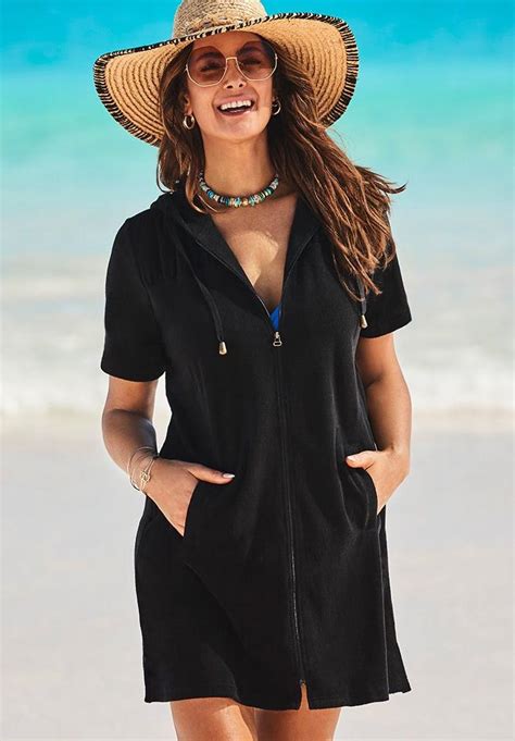 Alana Black Terry Cloth Zip Hoodie Cover Up Plus Size Swimsuit Cover