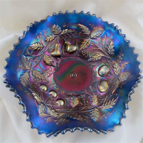 Antique Northwood Fruits Flowers Electric Blue Carnival Glass Bowl