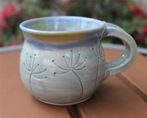 Wheel Thrown Stoneware Pottery Small Mug Cup Hand Made Blue Botanical