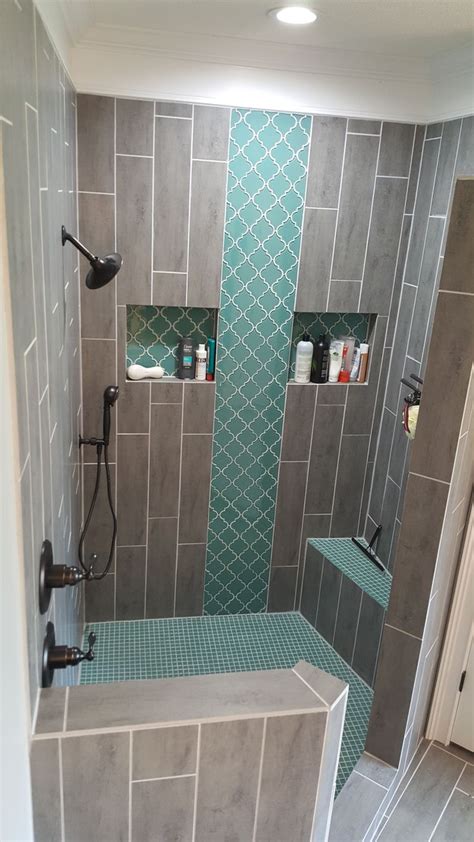 25 gorgeous turquoise bathroom decor ideas. Teal Arabesque Tile Accent, Teal Shower Floor, Grey ...