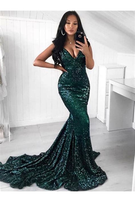 Mermaid V Neck Sparkling Long Prom Dress Formal Evening Dresses 601408