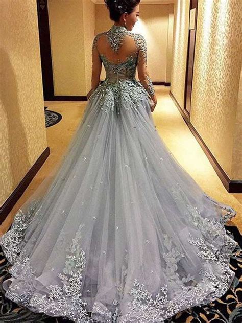 Gorgeous Ball Gown Princess Long Sleeves Tulle Grey Long Prom Dress Pm
