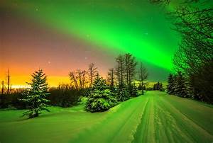 Lights, Aurora, Borealis, Trees, Stars, Road, Sky, Snow