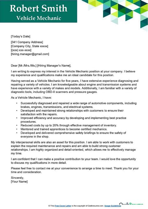 Vehicle Mechanic Cover Letter Examples Qwikresume