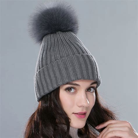 Buy Wholesale Winter Warm Knitted Beanies Hat With Sliver Fox Fur Poms Poms Women Snow Caps