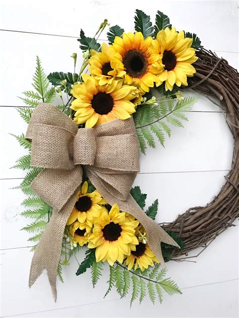 Sunflower Wreath With Burlap Bow Door Wreath With Sunflowers Etsy