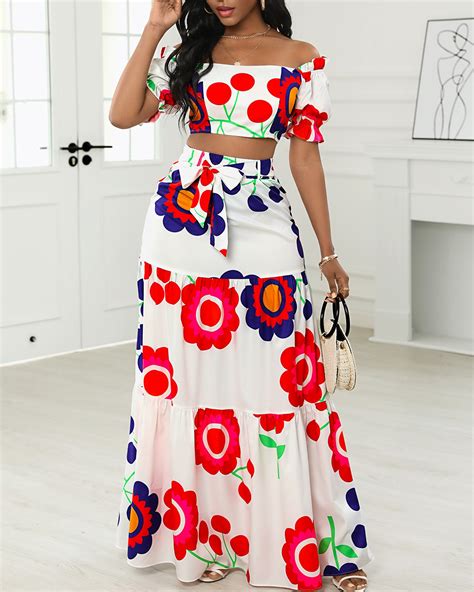 floral print lace up backless crop top and maxi skirt sets online discover hottest trend fashion