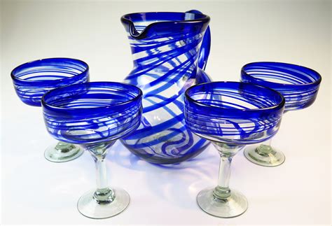 Margarita Glass Blue Swirl 15oz Made In Mexico With Recycled Glass