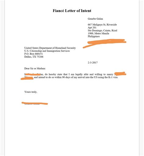 Fiance Visa Letter Of Intent Example