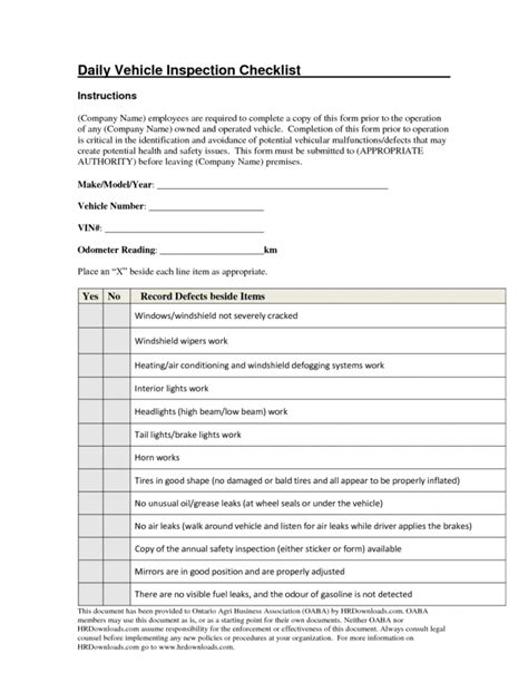 Printable Truck Inspection Checklist Template Samples And Ailer Pdf