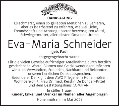 Traueranzeigen Von Eva Maria Schneider Abschied Nehmende
