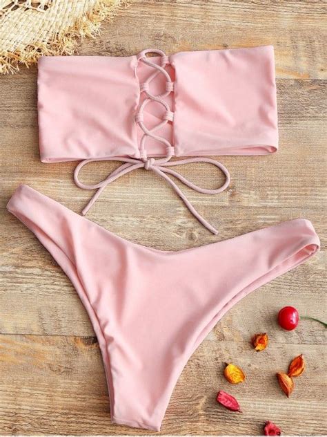 Off Zaful Unlined Back Lace Up Bandeau Bikini Set In Pink
