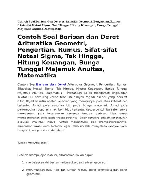 Pelajari rangkuman materi dan contoh soal pola dan barisan bilangan kelas 8 tingkat smp dilengkapi dengan jawaban dan pembahasannya disini. Contoh Soal Barisan Dan Deret Aritmatika