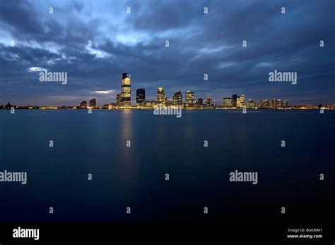 Night Photograph Of Hoboken New Jersey Skyline From New York City Stock
