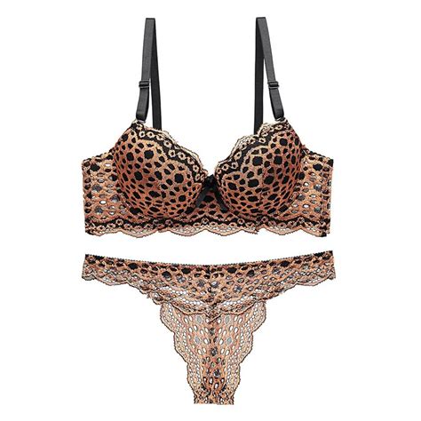 Sexy Lace Leopard G String Bra Set For Women Brassiere Underwirwe Push Up Thong Lingerie Set